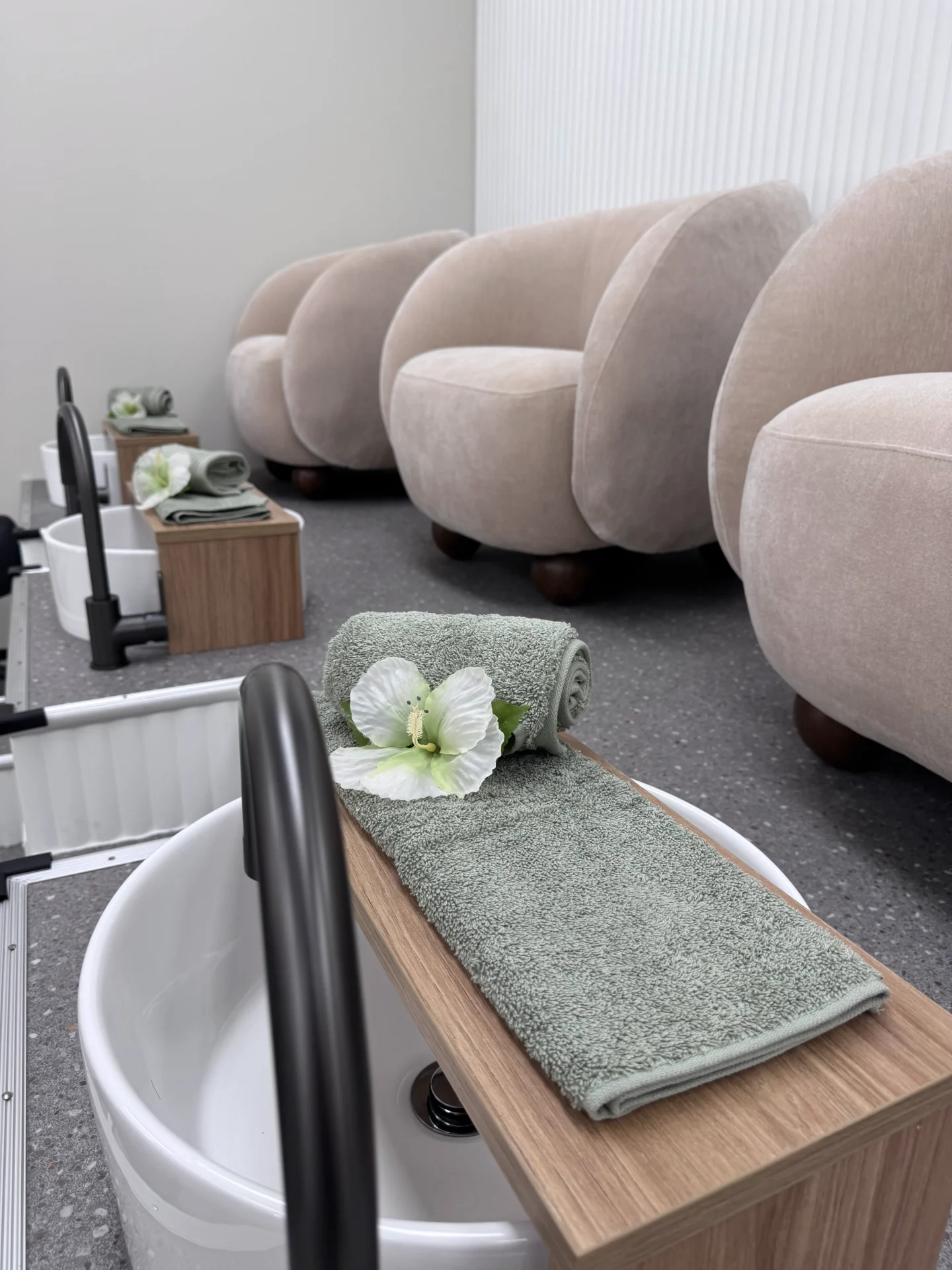 Relaxing pedicure station with soft chairs
