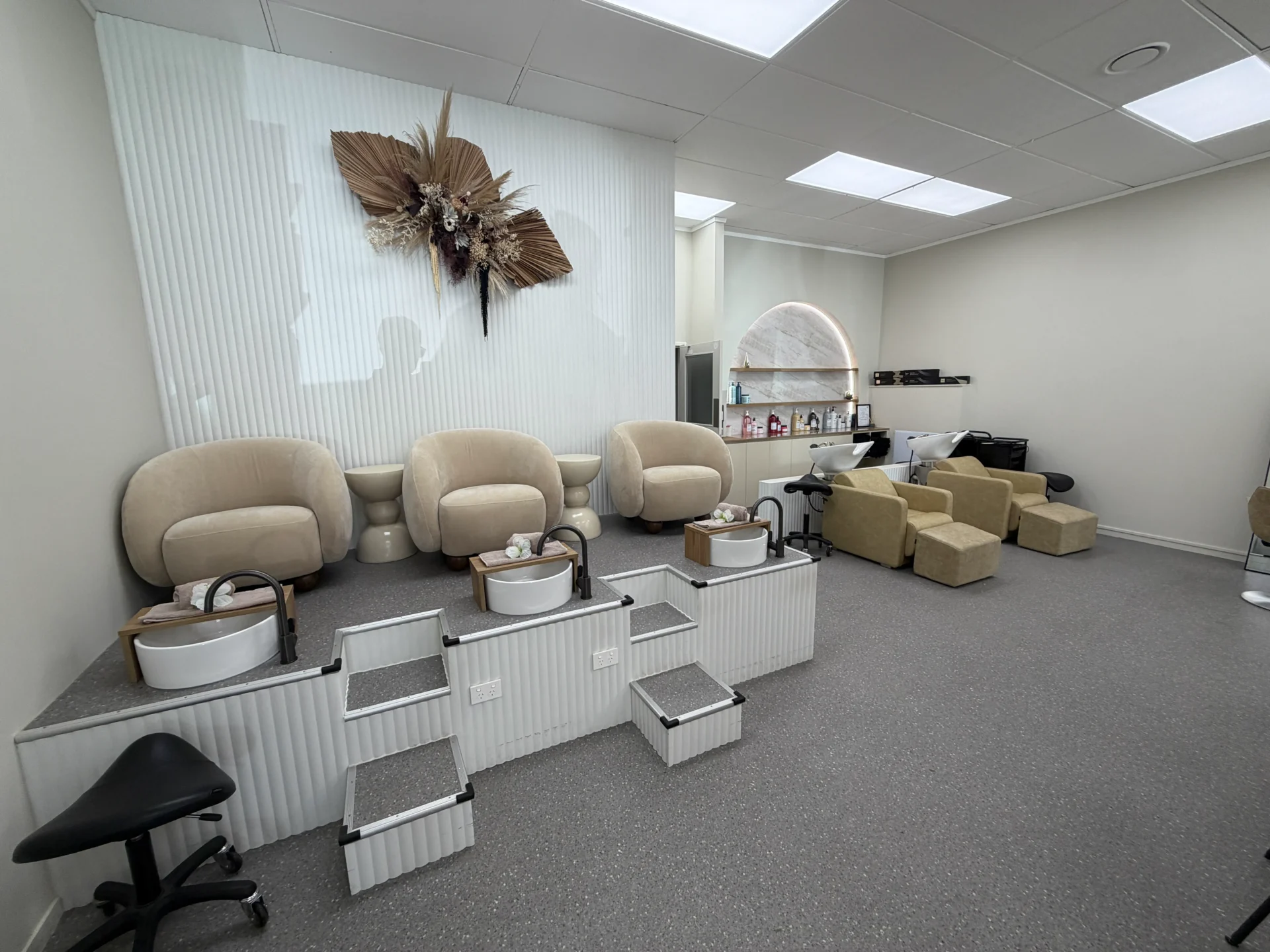Modern salon interior with beige seating