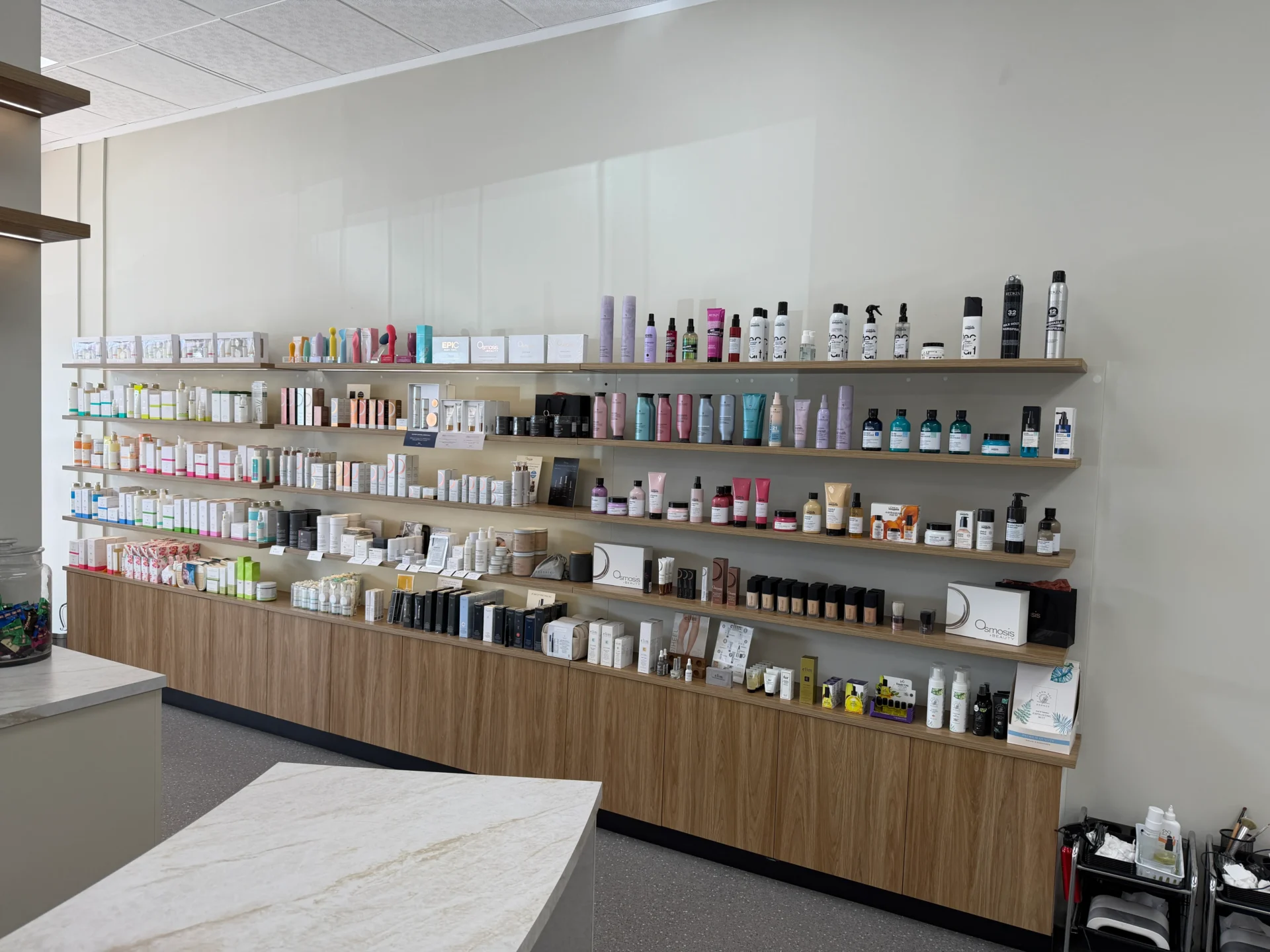 Shelves of diverse skincare products