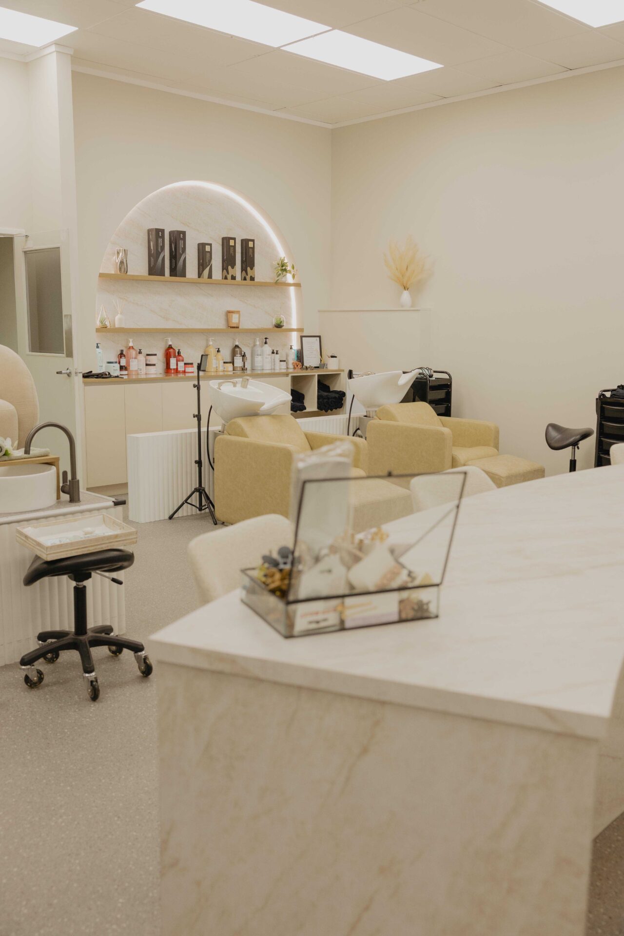 Modern salon interior with creamy tones